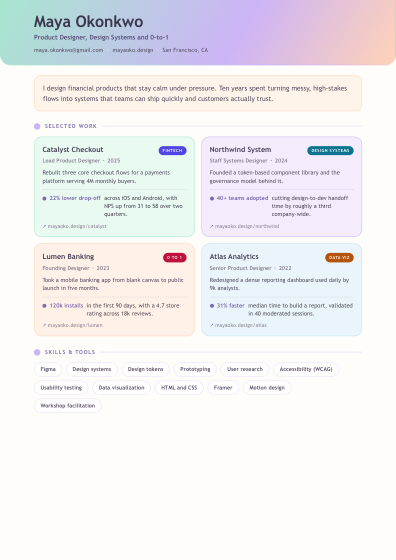 Portfolio one-pager (pastel)