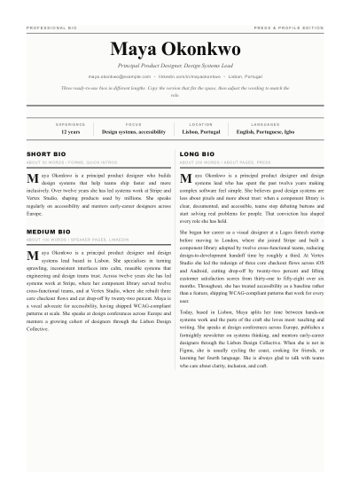 Professional bio (broadsheet)