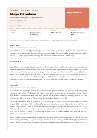 Professional bio (ticket)